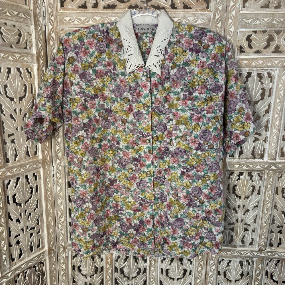 Womens White Eyelet Collar Pearl Button Front Spring Florals Whimsical Fairy Top